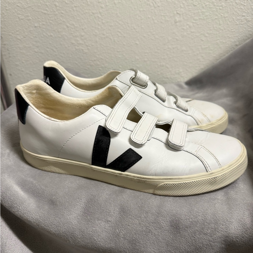 Veja White and Black Velcro Sneakers